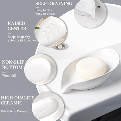 Soap Holder, Self-Draining Soap Dish, White Leaf Shape Ceramic Bar Soap Holder Drain Soap Dishes for Bathroom Sink Kitchen, Easy to Clean Keeps Soap Dry, ANTIS'S HOME