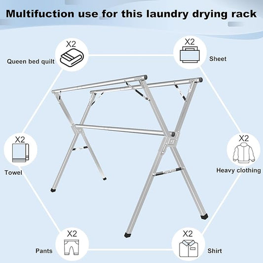 Sarahipe Sillars Clothes Drying Rack, 79 inches Laundry Drying Rack Clothing Foldable & Collapsible Stainless Steel Heavy Duty Clothing Drying Rack with Windproof Hooks for Indoor Outdoor