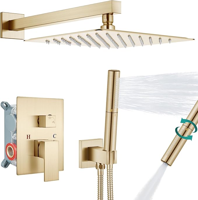 Aolemi Shower Faucet Set, High Pressure Shower System with 2-in-1 Handheld Sprayer, Wall Mount Fixture Combo with Rough-in Valve, 10 Inch Shower Head, Brushed Gold