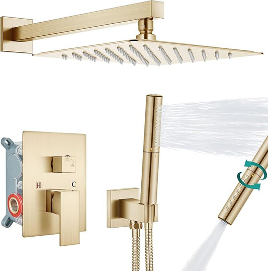 Aolemi Shower Faucet Set, High Pressure Shower System with 2-in-1 Handheld Sprayer, Wall Mount Fixture Combo with Rough-in Valve, 10 Inch Shower Head, Brushed Gold