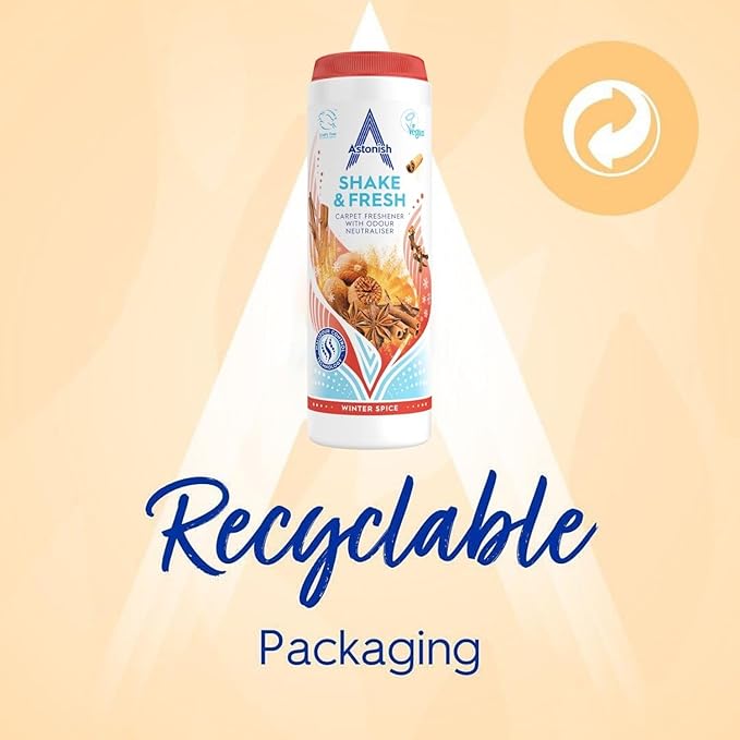 Astonish Shake & Fresh Carpet Freshener Winter Spice Scent with Malodour Control Technology - Deep Odor Neutralizer, Long-Lasting Fragrance Powder for Dry Carpets, Easy Shake Vacuum Application
