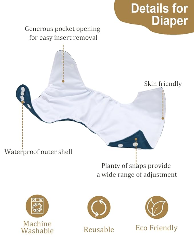 Babygoal Baby Reusable Neutral Cloth Diapers, One Size Adjustable Washable Pocket Nappy Covers 6 Pack+6pcs Rayon from Bamboo Inserts+Wet Bag