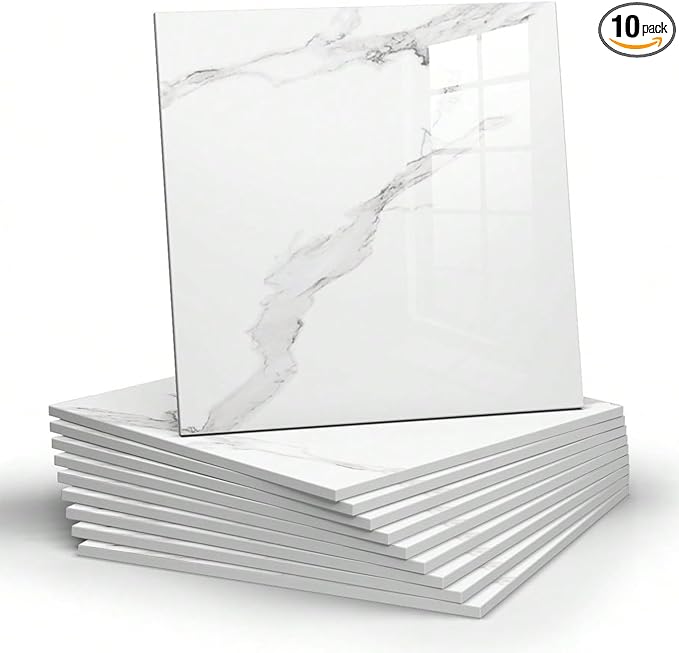 Chejiaye 10pcs Marble Peel and Stick Backsplash Waterproof Washroom Wall Panels, Peel and Stick Tile, PVC Foam Wall Panels for Kitchen,Bathroom,Living Room,White and Grey(Not Real Tile,11.8" x 11.8")