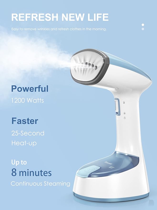 Reemix Steamer for Clothes, Folding Handheld Design Garment Wrinkles Remover, 20g/min Strong Penetrating Steam, 25-Sec Fast Heat-up, for Home, Office and Travel (Blue Gray)