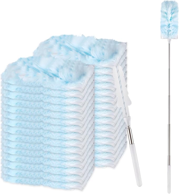 ITTAR 30 Count Duster Refills Kit with Extension Pole, Microfiber Feather Duster for Cleaning Ceiling Fan, Blinds, Furniture, Vents & Shelves - Blue