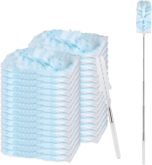ITTAR 30 Count Duster Refills Kit with Extension Pole, Microfiber Feather Duster for Cleaning Ceiling Fan, Blinds, Furniture, Vents & Shelves - Blue