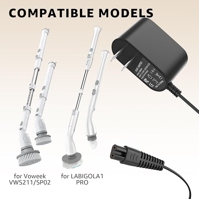 Sigely 9V Charger for Voweek Electric Spin Scrubber Power Cord Compatible with Voweek VWS211 SP02 for LABIGO Cordless Cleaning Brush LA1 Pro Model KS-2619 Replacement 2 Prong Adapter Supply Cord Cable