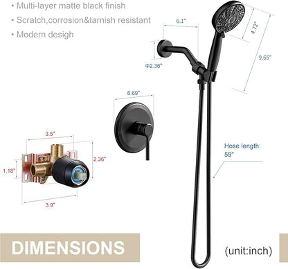 Single-Handle Shower Faucet Set Matte Black Shower Trim Kit with Valve 6 Spray Handheld Shower Head Shower Valve and Trim Kit Bathroom Shower System Fixtures KIYPUT