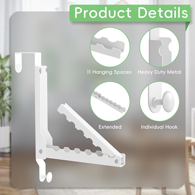 Over The Door Hooks, Extended Over The Door Clothes Hanger with 11 Ridges,Space-Saving Over The Door Drying Rack,Over the Door Hangers for Clothes,Larger Capacity Over The Door Hanger.