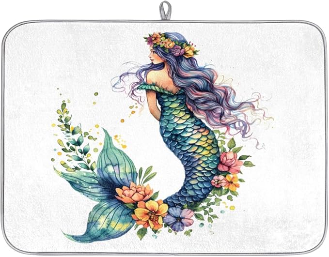 Honeybaby Dish Drying Mat Beautiful Mermaid Dish Drying Mats for Kitchen Counter Absorbent Kitchen Drying Mat Dish Rack Mat 18x24 inches