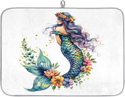 Honeybaby Dish Drying Mat Beautiful Mermaid Dish Drying Mats for Kitchen Counter Absorbent Kitchen Drying Mat Dish Rack Mat 18x24 inches