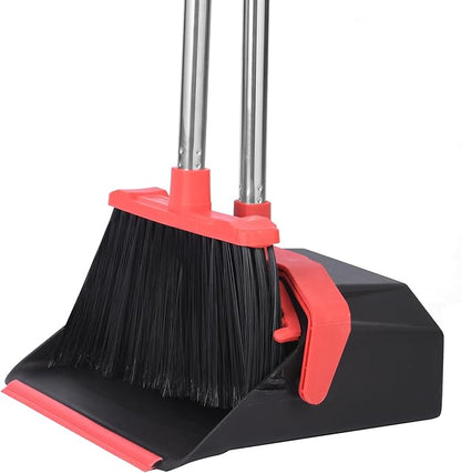 Upgrade Broom and Dustpan Set, 51'' Sturdy Long Handle, Large Upright Stand Up Broom and Dustpan, ZeroGap Lip, Self-Cleaning Dustpan Teeth for Lobby Kitchen Office Floor - Black and Red