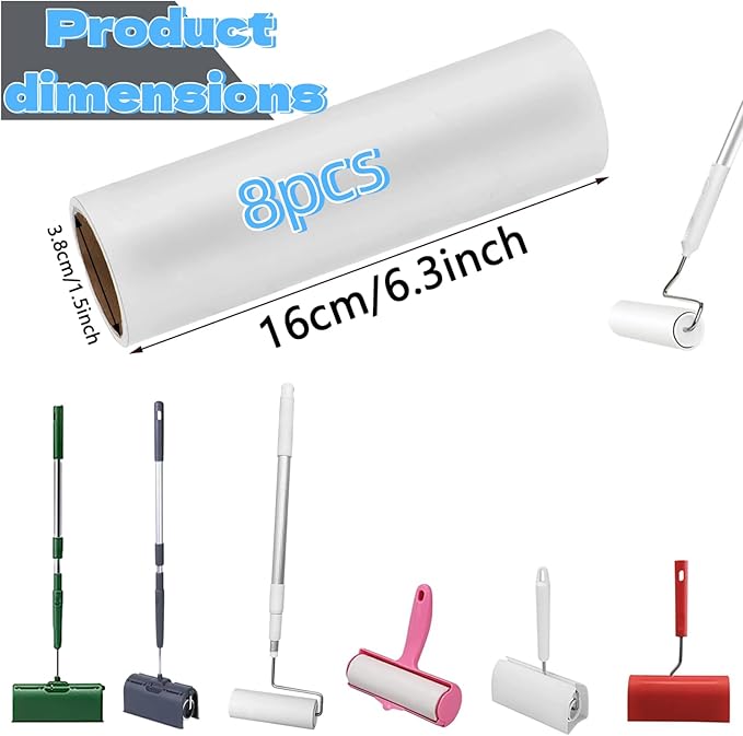 Lint Roller Refills 6.3 inch Great Value 8 pcs Extra Sticky Lint Remover Refills for Pet Hair Clothes Floor 6.3 in Long,1.5 in Diameter Lint Roller Replacement Refills（8 Refills of 480 Sheets Total）