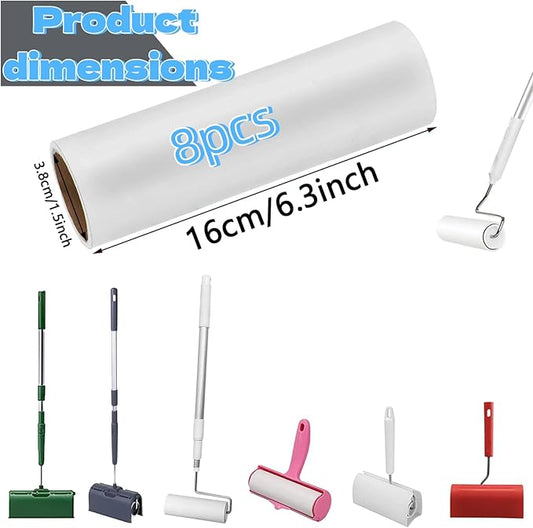 Lint Roller Refills 6.3 inch Great Value 8 pcs Extra Sticky Lint Remover Refills for Pet Hair Clothes Floor 6.3 in Long,1.5 in Diameter Lint Roller Replacement Refills（8 Refills of 480 Sheets Total）