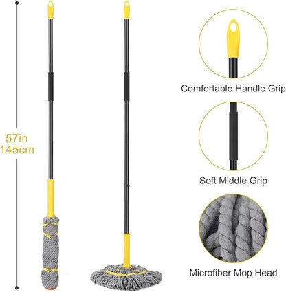 Self-Wringing Twist Mops for Floor Cleaning, Microfiber Floor mop with 57 " Long Handle, Easy Wringing Mop for Hardwood Commercial Household Clean (Gray Twist Mop)