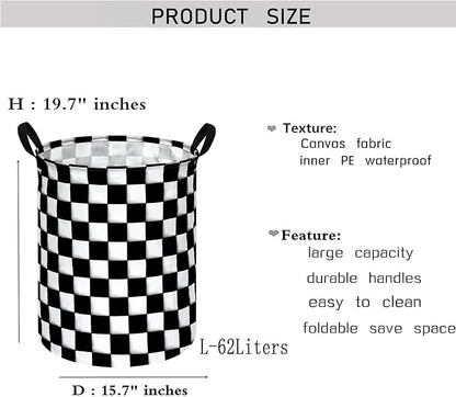 KUNRO Round Black-white Checker Laundry Gift Basket Storage Hamper, Clothes Storage Organizer Bins, Shelf Basket with Handles for Room Decor