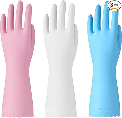 Bamllum Rubber Cleaning Gloves - 3 Pairs Latex Free Kitchen Cleaning Gloves with Cotton Liner- Household Dishwashing Gloves, Non- Slip Waterproof (Small, Blue+Pink+White)