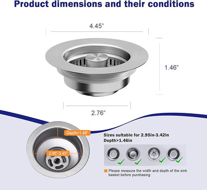 Upgraded 3 in 1 Kitchen Sink Drain Strainer,Anti-Clogging Sink Food Catcher Basket, Stainless Steel Pop-Up Kitchen Sink Stopper for US Standard 3-1/2 inch Kitchen Sink (Silver-1Pack)