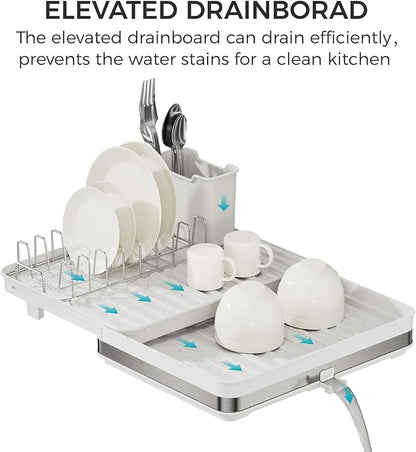 Collapsible dish drying rack,stainless steel foldable dish rack with cutlery holder,multifunctional expandable big capacity dish drainer board,Space Saving extendable dish holder