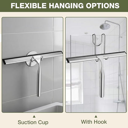 FARMER Shower Squeegee for Glass Doors, 10-Inch Glass Squeegee for Windows, Car Glass and Mirrors, Multi-Purpose Stainless Steel Squeegee with Suction Wall Hook and Over Door Hook, Silver