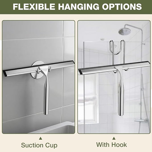 FARMER Shower Squeegee for Glass Doors, 10-Inch Glass Squeegee for Windows, Car Glass and Mirrors, Multi-Purpose Stainless Steel Squeegee with Suction Wall Hook and Over Door Hook, Silver