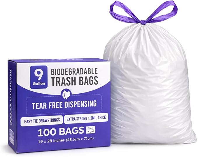 ETSUS Biodegradable Trash Bags with Drawstrings, 9 Gal, 100 Count