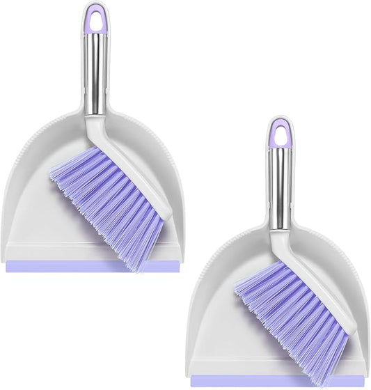 NACENA Mini Broom and Dustpan Set 2 Packs, Small Dust Pan and Brush Set with Handle Dustpan Teeth for Cleaning Hair Suitable for Office Desks Drawers Sofas Outdoor Camping, Light & Purple