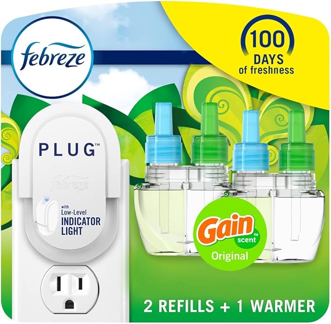 Febreze Plug-In Air Freshener, Odor-Fighting Scented Oil Starter Kit, Air Fresheners for Home, Bathroom and Kitchen, Long Lasting for Strong Odors, Gain Original Scent, Warmer + 2 Refill, Multicolor