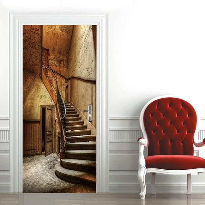 3D Door Wallpaper Self-Adhesive Sticker - Old Stairs Film Poster Premium PVC Waterproof Wall for Bedroom Living Room Decoration 95 x 215 cm