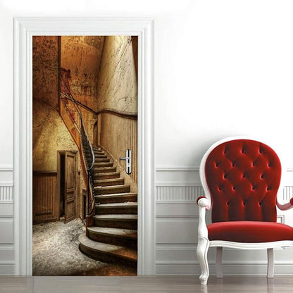 3D Door Wallpaper Self-Adhesive Sticker - Old Stairs Film Poster Premium PVC Waterproof Wall for Bedroom Living Room Decoration 95 x 215 cm