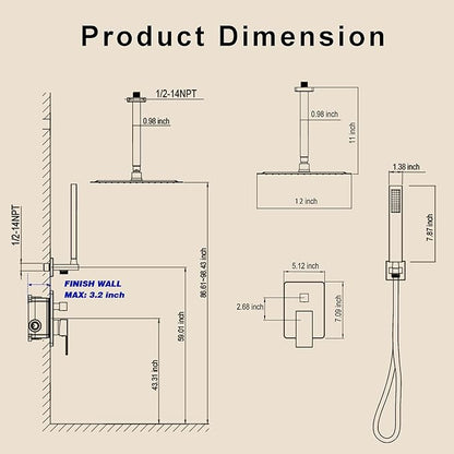 Ceiling Mount Shower System, Gold Shower Faucet Set with 12-Inch Rain Showerhead and Handheld Spray Combo, High-Pressure Showerheads Set with Valve and Trim Kit, Brushed Gold