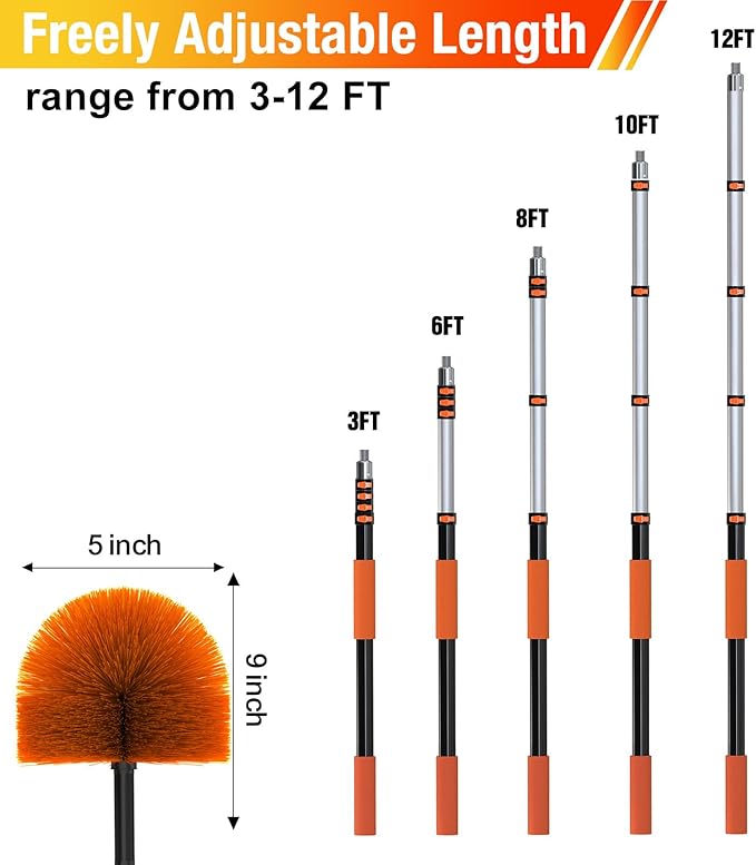 LAANPOLE 12FT Cobweb Duster with Extension Pole, Spider Web Brush for Cleaning Extendable, Professional Ceiling and Corner Dusters for Outdoor Indoor Use