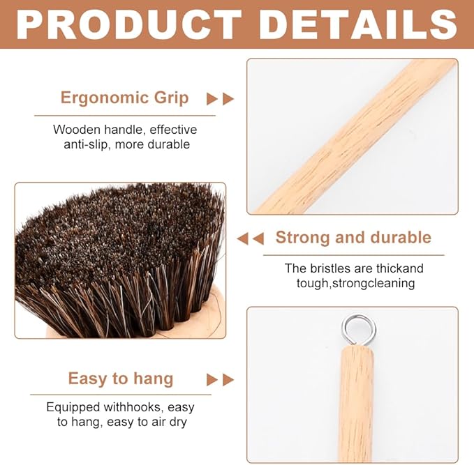 Bamboo Dish Brush with Handle, Wooden Handle with 3 Natural Bristle Heads, Natural Wood Dish Scrub Brush for Washing and Cleaning Pots and Pans