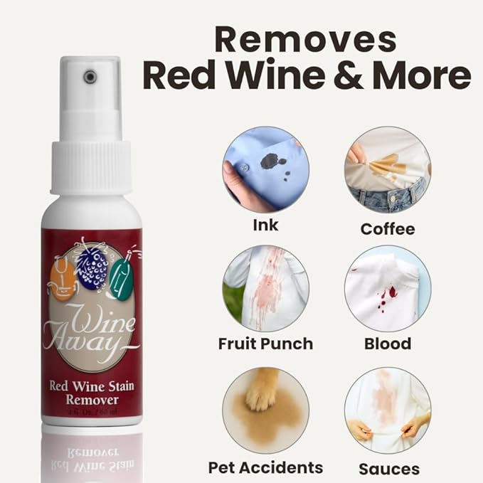 Wine Away Red Wine Stain Remover - For Clothing, Carpet, and Fabrics - Removes Fresh and Dried stains. 2-oz. Travel-friendly size