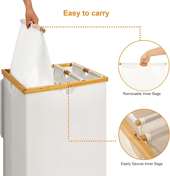 WOWLIVE 180L Laundry Hamper 3 Section, Bamboo Laundry Basket with lid, Extra Large Dirty Clothes Hamper with Removable Linner Bags, Laundry Bin Organizer Storage for Dorm Bedroom Bathroom, Beige