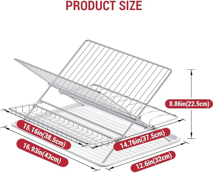 Dish Drying Rack with Drip Tray, Upgrade 3 Tier Collapsible Stainless Steel Dish Drainer, Plate Rack Holder for Kitchen Counter, Folding Dish Rack for Kitchen Sink, Countertop,Cutlery, Plates, Dishes