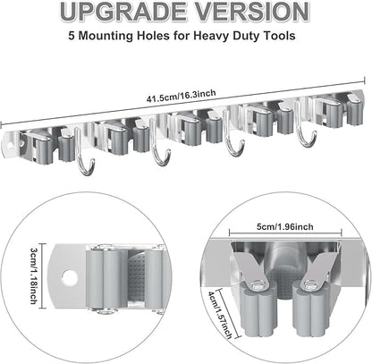 HANZENMA Broom Holder Wall Mount, Broom Organizer Wall Mount Stainless Steel Broom and Mop Hanger Heavy Duty Storage Organization for Home Kitchen Garden Garage Room 5 Racks 4 Hooks