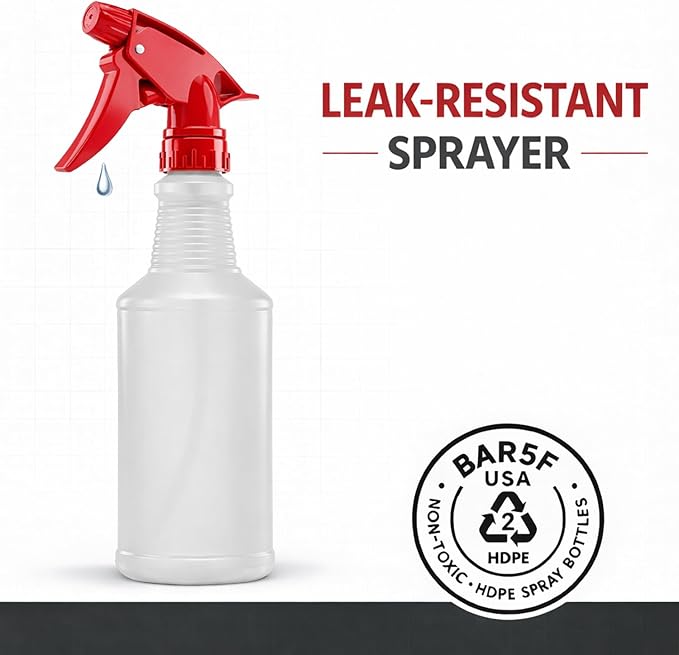Bar5F Spray Bottles, 16 Oz, 4 Pack, Chemical-Resistant HDPE, BPA-Free, Non-Toxic, Red Trigger Sprayers, Refillable Empty Sprayer Bottle for Cleaning Solutions, Vinegar, Alcohol, Made in USA