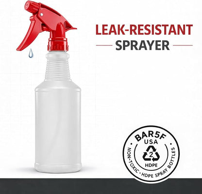 Bar5F Spray Bottles, 16 Oz, 4 Pack, Chemical-Resistant HDPE, BPA-Free, Non-Toxic, Red Trigger Sprayers, Refillable Empty Sprayer Bottle for Cleaning Solutions, Vinegar, Alcohol, Made in USA