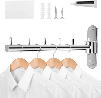 Wall Mounted Clothes Hanger Rack Swing Arm, Folding Clothes Hanger Space Saving Drying Rack Stainless Steel Laundry Room Valet Hook Holder Foldable Hanging Hook Rod for Laundry Closet Bedroom