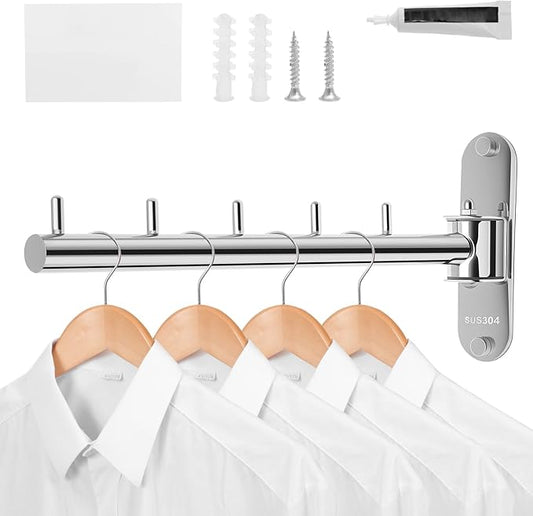 Wall Mounted Clothes Hanger Rack Swing Arm, Folding Clothes Hanger Space Saving Drying Rack Stainless Steel Laundry Room Valet Hook Holder Foldable Hanging Hook Rod for Laundry Closet Bedroom