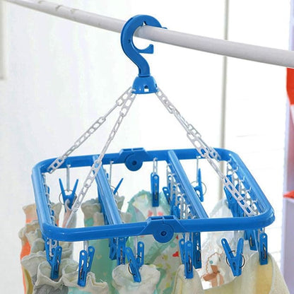 SteelFever Clothes Drying Hanger with 32 Clips, Foldable Hanging Drying Rack for Clothes Underwear Socks (Blue)