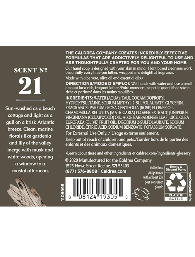 Caldrea Hand Wash Soap, Rosewater Driftwood Scent, 10.8 Oz
