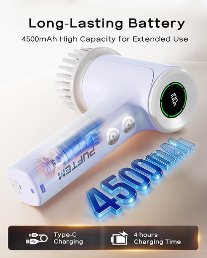 PUFTEM Upgraded Electric Spin Scrubber, Powerful Cordless Shower Scrubber with 4500mAh Large Battery & Speed Display, 6 Replaceable Brush Heads, Cleaning Brush for Bathroom Tile Tub Floor (Purple)