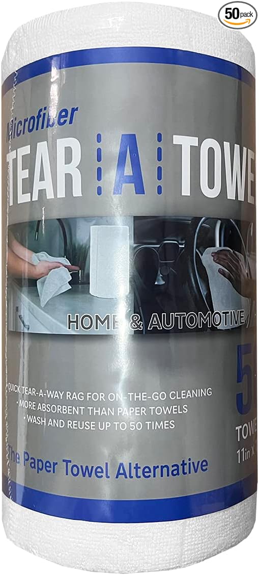Eurow Microfiber Tear-A-Towel Cloth Roll, Reusable Paper Towel Alternative, Washable Up to 50 Times, Lint-Free, Streak-Free, for Kitchen, Auto, Home, Garage, Cleaning & Drying, 11"x12", 50-Pack, White