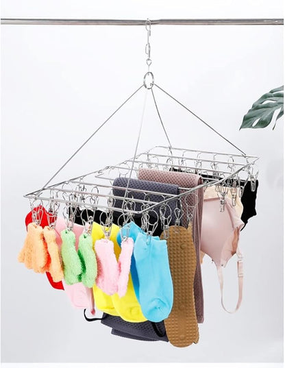 Folding Clothes Drying Hanger 36 Clips Stainless Steel Space-Saving Dryer Rack Washline with Peg for Sock, Underwear, Baby Clothes, Diapers and Hanging Small Washes