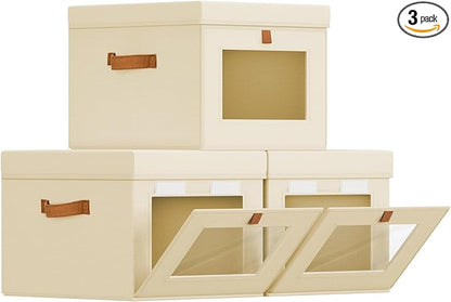 Storage Bins with Lid – Closet Organizer with Side Opening and Clear Window, Foldable Stackable Fabric Basket for Clothes Storage, Bedroom, Nursery, Office, 3 Pack, Beige