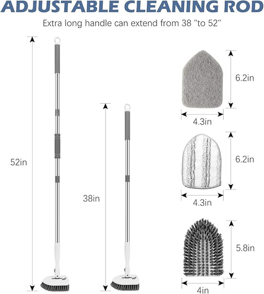 SetSail Floor Scrub Brush, 3-in-1 Tile Tub Floor Scrubber with 52-inch Adjustable Long Handle Shower Cleaner Brush and 4 Detachable Replacement Brush Heads for Cleaning Bathroom Tub Tile, White