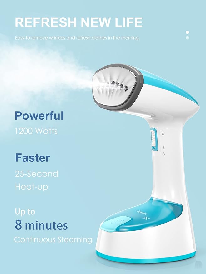 Reemix Steamer for Clothes, Folding Handheld Design Garment Wrinkles Remover, 20g/min Strong Penetrating Steam, 25-Sec Fast Heat-up, for Home, Office and Travel (Crystal Blue)