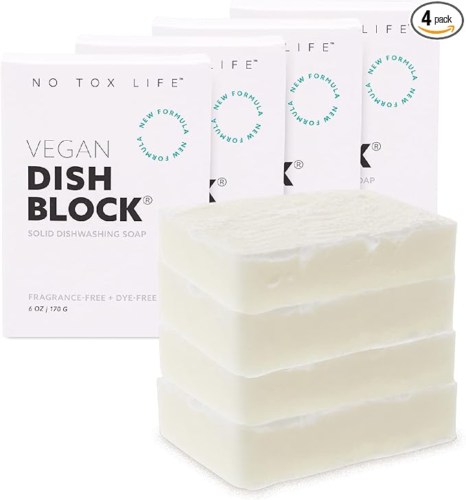 NO TOX LIFE Vegan Dish Block, 6 oz – A Solid Dish Soap for Effective Cleaning of Dishes, Pots and Pans – Ultra-Concentrated Biodegradable Formula – Fragrance and Dye Free – 4 Pack